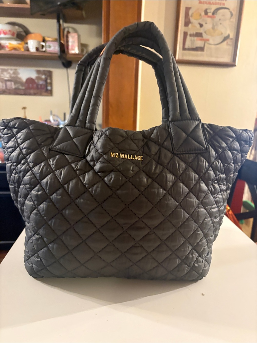 MZ Wallace Quilted Black Tote with Gold Logo